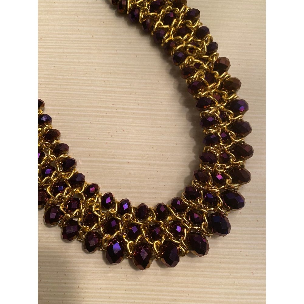 Vintage purple beaded collar necklace -- gold necklace